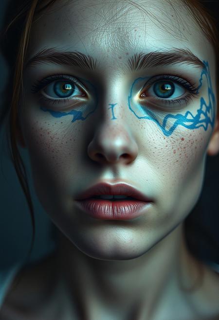 A portrait of a pale-skinned woman with freckles, her gaze distant, with abstract blue ink patterns flowing across her face
surreal photography, melancholic atmosphere, cinematic lighting, ethereal floating figures, textured painterly aesthetics, dystopian futurism, muted color palette, delicate yet eerie beauty, soft yet dramatic contrasts, otherworldly storytelling, intricate details, emotional depth, dreamlike yet gritty realism