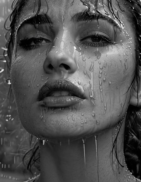 Monochrome monochrome, realistic, greyscale, 1girl, dripping, lips, portrait, rain, wet hair, nose, long hair, closed mouth, full color, epic composition, intricate, elegant, cinematic, highly detailed, sharp focus, professional still, expressive, innocent, real, fine, beautiful, illuminated, inspired, colorful, light, shining, bright
 <lora:DrippingXL:1>, , <lora:FILM_PHOTOGRAPHY_STYLE:0.25> . Black and white, contrast, tone, texture, detailed