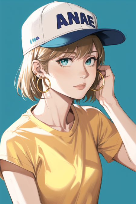 thisuserisalive, masterpiece, best quality, 1girl, aqua eyes, baseball cap, blonde hair, closed mouth, earrings, green background, hat, hoop earrings, jewelry, looking at viewer, shirt, short hair, simple background, solo, upper body, yellow shirt <lora:thisuserisalive_offset:1>