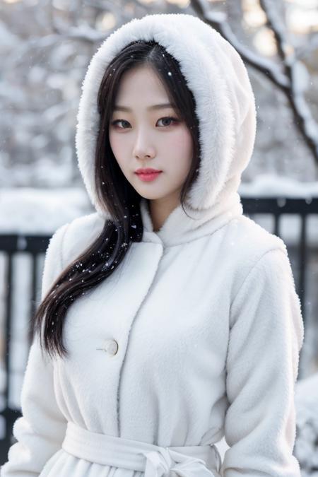 (mature body), (upper body:1.2), nikon RAW photo,8 k, Fujifilm XT3,masterpiece, best quality, realistic, photorealistic, ultra detailed, extremely detailed face, solo,1girl, standing, fashionable and trendy atmosphere, and a stylish expression on her face, close up, (narrow waist), white snow witch, wearing eskimo, white animal fur jacket, snow, snowflakes,