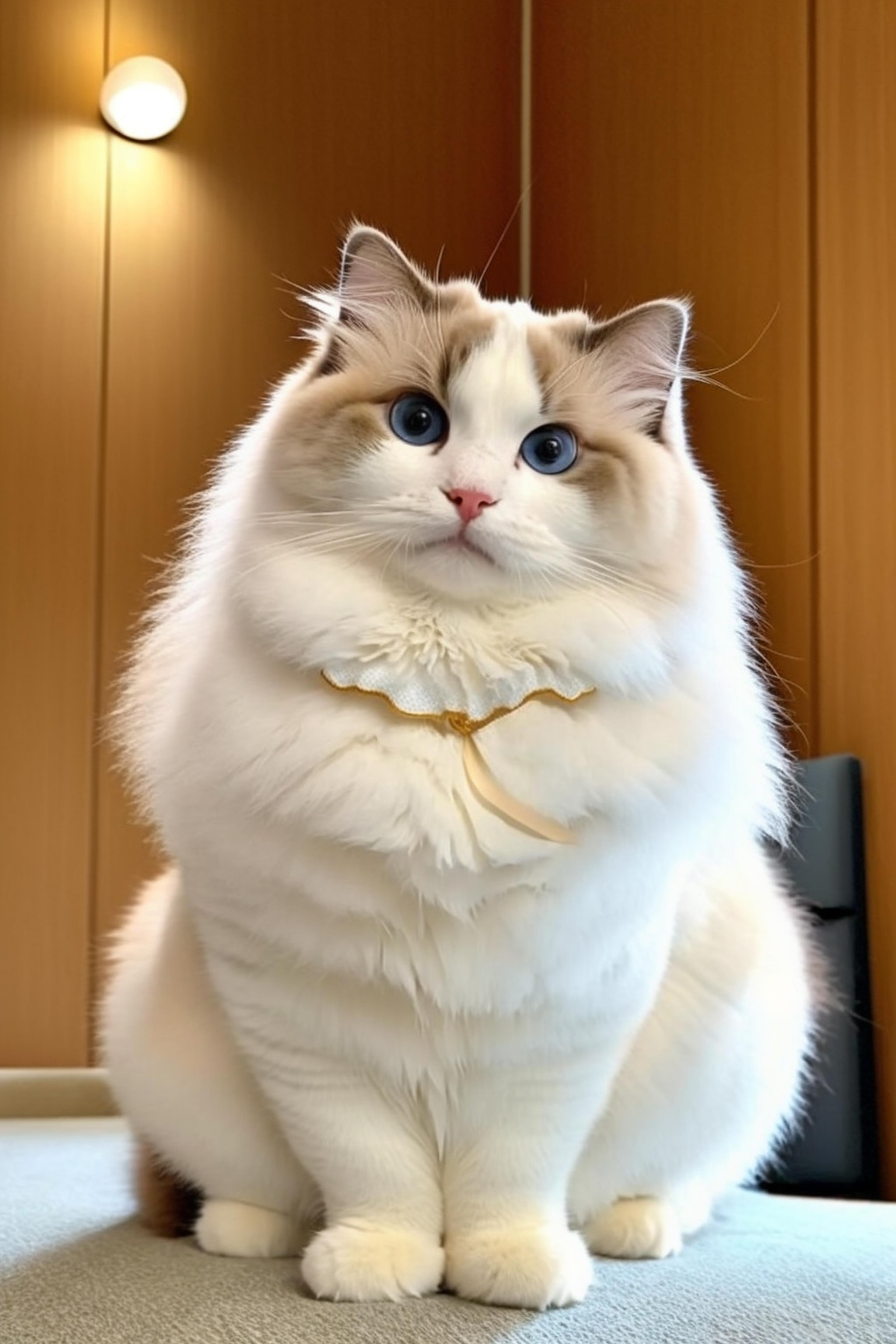 A fluffy white cat with blue eyes wearing a yellow collar.