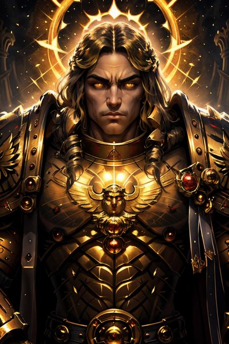 mature adult, illustration, beautiful detailed eyes,best quality,highly detailed,masterpiece,ultra-detailed,illustration, long hair, olive skin, full armor, muscular, god-like physique, golden armor, glowing golden aura, 
1 man, serious, stern, yellow eyes, EMPEROR OF MANkind, glowing eyes,  <lora:THE EMPEROR OF MANKIND MK1 by CCARAXESS:0.7> <lora:tool - Elixir:0.7>