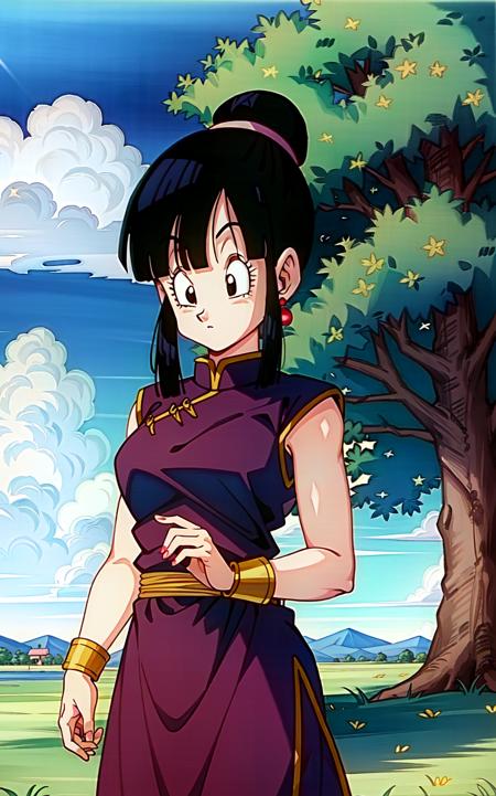 (extremely detailed CG unity 4k wallpaper),(masterpiece),(best quality),(ultra-detailed),(best illustration),(best shadow),(absurdres),(detailed background), <lora:OGT_Chi_Chi-v2:0.8> Chi Chi DBZ, 1girl, chi-chi (dragon ball z), solo, black hair, tree, outdoors, dress, black eyes, hair bun, earrings, sky, cloud, single hair bun, day, jewelry, retro artstyle, bangs, chinese clothes