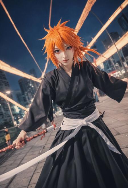 ((1Woman Ichigo Kurosaki with bankai!)) 
Perfect photograph, strong fisheye-lens photograph (intense fisheye-view photograph), strong bokeh, cinematic photograph, experimental angles, experimental lighting, intricately detailed, very detailed background, realisticvision-negative-embedding, epiCRealism