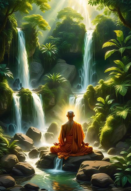A masterful painterly portrait of a serene monk meditating near a cascading waterfall, his peaceful expression illuminated by the soft glow of sunlight filtering through dense, verdant foliage. The monk, draped in flowing saffron robes, sits cross-legged on a moss-covered rock, his form harmonizing with the natural surroundings. Mist from the waterfall gently envelops him, creating a luminous halo around his silhouette. The cascading water sparkles with highlights of silver and white, contrasting with the deep emerald greens of the surrounding jungle. The brushstrokes are intricate and textured, capturing every detail of the monk’s tranquil posture and the dynamic energy of the waterfall. A harmonious blend of spiritual stillness and natural grandeur, evoking a sense of awe and peace. Painterly style, soft yet vivid color palette, hyperdetailed, inspired by the works of John Singer Sargent and Albert Bierstadt.