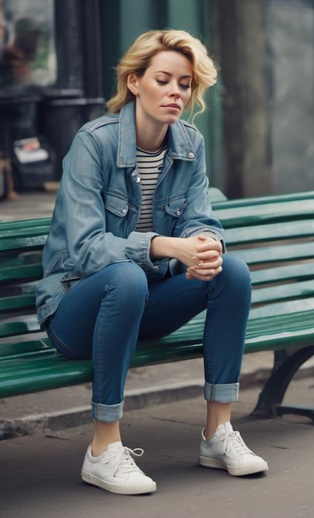 <lora:elizabeth_banks :1> elizabeth banks woman a candid half body photo  of a beautiful  a woman, street wear, on a bench, resting, closed eyes