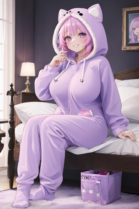 <lora:footie:0.6>, hoodie-footie pjs, 1girl, gigantic breasts, bedroom, pink hair, lips, grin, purple eyes, hood up