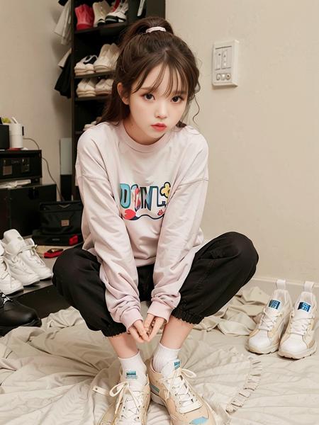 standing in front of her closet, trying on different outfits, with a pile of clothes on the bed and shoes scattered on the floor

masterpiece, best quality, extremely detailed face, perfect lighting,  solo,1girl,

iu1, <lora:iuv2:0.8>