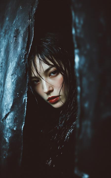 Vibe: A dreamy, slightly grainy close-up of a woman through a filmy curtain.

Details:

Wet-look hair, pearly lipstick, soft-focus skin

Shoulder pads just visible at the edges of the frame

VHS tracking lines subtly warping the colors

Feels Like: A paused late-night Cinemax moment.