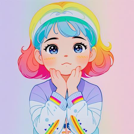 a cute neko 1girl is offended and frowns with her arms crossed, her head looks up, (eyes closed:1.2), cold colors, (hair with rainbow coloring:1.1), simple background, cutestickers, art, (big fat stroke:1.2), cute comic, detailed, (ohwx style:1.2)