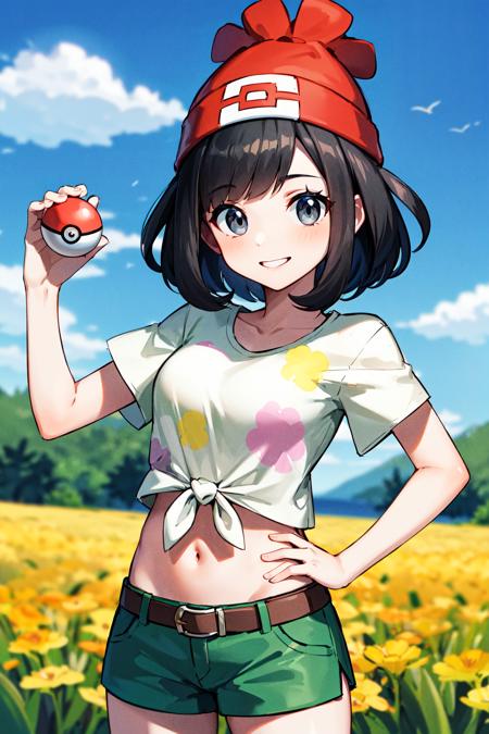 masterpiece, best quality, highres, selene1, 1girl, selene1, 1girl, selene \(pokemon\), solo, grey eyes, black hair, green shorts, red headwear, beanie, shirt, tied shirt, floral print, short hair, short sleeves, short shorts, striped, yellow shirt, belt, midriff, <lora:selene_(pokemon)_v1:0.6>, cowboy shot, grass, flower, tree, smile, holding poke ball, hand on hip, poke ball \(basic\),