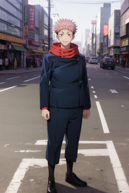 masterpiece, best quality, 1boy,  itadori yuuji, pink hair, spiked short hair, undercut, brown eyes, facial mark, hoodie, school uniform, gakuran, jacket, long sleeves, pants, shoes, standing, full body, solo, looking at viewer, smile, street, buildings, tokyo street background <lora:Itadori:1>