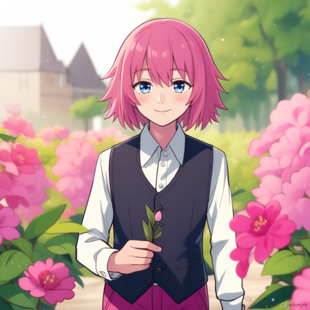 1boy, pink hair, blue eyes, white shirt, collared shirt, black vest, pink pants