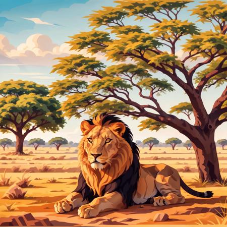 a lion sitting under a tree in the savanna