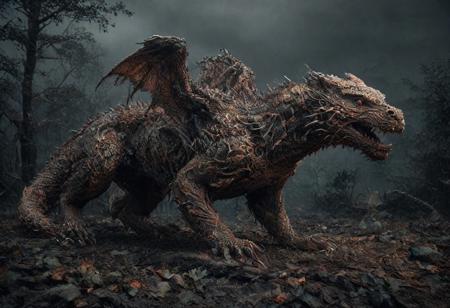 best quality, masterpiece, dragon sculpture r0535, A majestic, mythical dragon in the midst of devouring a fierce tiger, its highly detailed, iridescent scales glistening with intricate patterns. The dragon's powerful jaws are clamped around the tiger's body, its sharp claws gripping tightly as it feasts. The background is an eerie, ashen jungle—charred trees and smoldering foliage stretch into the distance under a dark, stormy sky. The scene is hyper-realistic with deep shadows, dramatic lighting, and rich textures, evoking a sense of raw power and primal struggle
