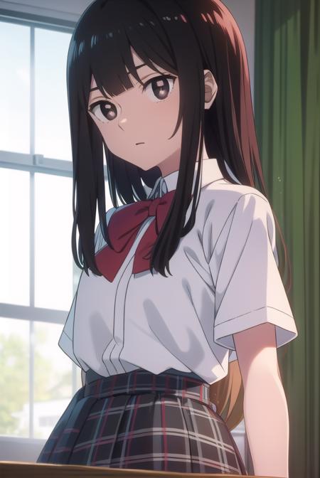 anzuhanashiro, <lyco:anzuhanashiro-lyco-nochekaiser:1>, 
anzu hanashiro, long hair, bangs, black hair, sidelocks, blunt bangs, (black eyes:1.5),
BREAK skirt, shirt, bow, school uniform, white shirt, short sleeves, collared shirt, blunt bangs, bowtie, brown skirt, red bow, plaid, plaid skirt, red bowtie,
BREAK looking at viewer,
BREAK indoors, classroom,
BREAK <lora:GoodHands-vanilla:1>, (masterpiece:1.2), best quality, high resolution, unity 8k wallpaper, (illustration:0.8), (beautiful detailed eyes:1.6), extremely detailed face, perfect lighting, extremely detailed CG, (perfect hands, perfect anatomy),