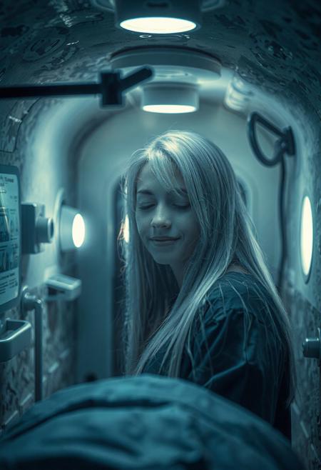 The camera shows a medical cabin, a secret underground facility. The power is turned on, the lights come on, and a woman with long straight silver hair quietly opens her eyes and smiles faintly.
FHD, Rich in details, masterpiece.