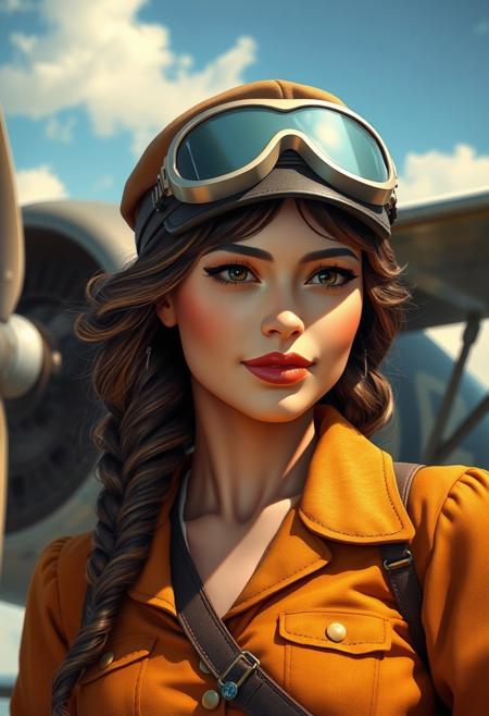 Masterpiece. Illustration of a beautiful woman, vintage aircraft pilot, early twentieth century, pilot cap, propeller plane in the background, high-res, semi realistic, best quality, intricate details, ultra details, good lighting, vibrant colors, very detailed, octane render, ray tracing,