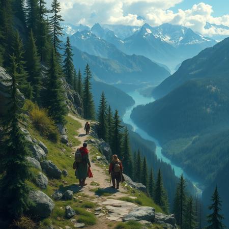 a group of adventurers travel a narrow mountain path through forests, distant rivers, distant mountains, wilderness, dungeons and dragons, medieval