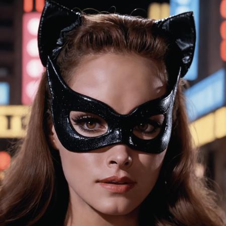 close up, portrait catwoman woman, background of  1960s \(style\) new york city street, nightime, shop signs, ads<lora:catwoman12GB-000006:0.6>