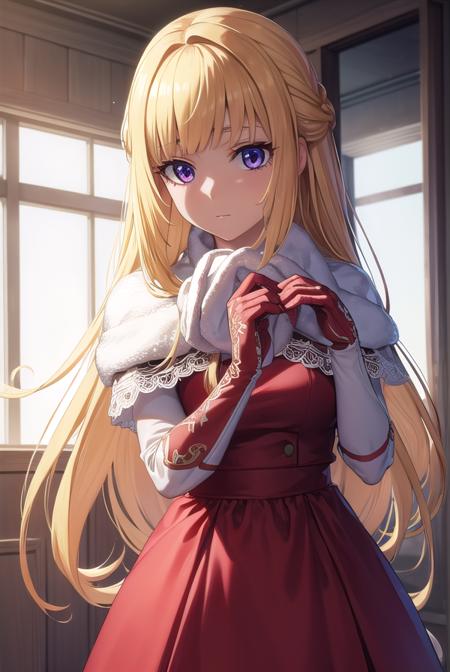 kudelia aina bernstein, (purple eyes:1.1), long hair, blonde hair, bangs, blunt bangs,  kudelia aina bernstein, (purple eyes:1.1), long hair, blonde hair, bangs, blunt bangs, ponytail, gloves, dress, red dress, white gloves, capelet, gown, red gown, apricot, black apricot, skirt, shirt, long sleeves, belt, long skirt, white shirt, collar bone, green skirt,