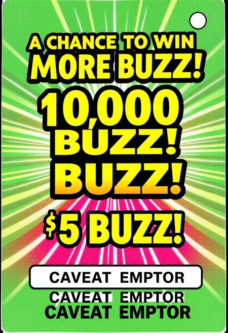 a 5 BUZZ scratch off lottery ticket where the prize is 1,000,000,000 BUZZ, it says " A CHANCE TO WIN MORE BUZZ ! " at the top of the flashy ticket, The price is " 5 BUZZ ". at the bottom of the ticket it says " CAVEAT EMPTOR ".