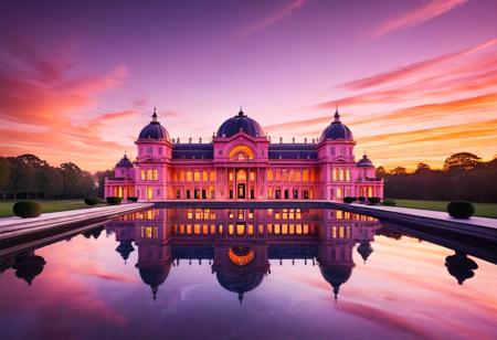A majestic exterior view of a palace that seamlessly fuses Renaissance architectural
elements like domes, spires, and sculpted facades with sleek, futuristic antigravity features.
Sections of the palace seem to defy gravity, hovering and connected by shimmering energy bridges.
The palace is set against a vibrant sunset sky with hues of orange, pink, and purple, casting long
shadows and highlighting the contrast between the classical stone elements and the glowing
futuristic components. The image is framed symmetrically, with the palace centered and its
reflection mirrored in the calm waters of a surrounding moat