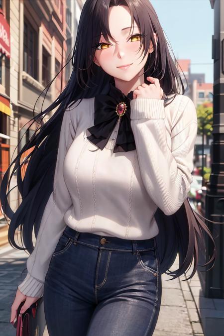 masterpiece, (best quality), 1woman,1girl ,dominique_de_sade,  black hair, long hair, yellow eyes, sweater, white shirt,parted bangs,sexy woman,smile, bow, long sleeves,closed clothes, pants ,blush , vibrant colors ,natural lighting  ,RTX,  , beautiful, (detailed face:1.2), showcase, (perfect eyes:1.1) ,(photorealistic:1.1), 8k uhd,  looking at viewer, outdoors,  simple backround