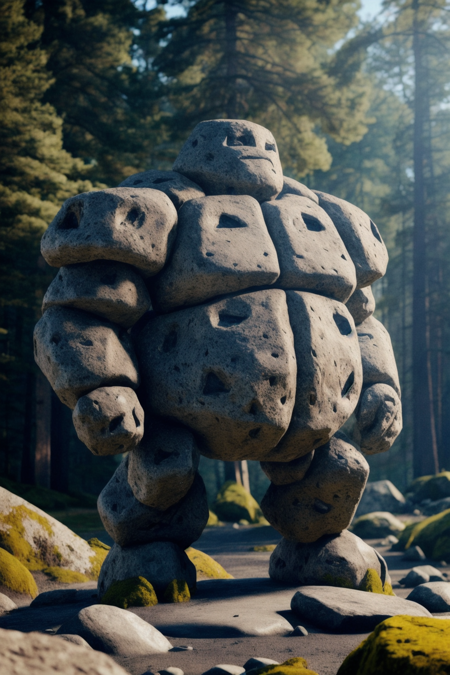 a chunky grey rock golem made of irregular shape rocks with broad shoulders and a short thick neck, (moss on rocks),  sunny , sun shine, lens glare
unreal engine, ray tracing, perspective, vanishing point 
 muted color  <lora:add_detail:1>