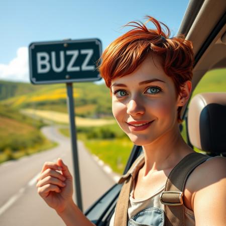 (young woman:1.3), (short red hair:1.2), charming freckles, (bright green eyes:1.4), casual attire, (hitchhiking:1.8), confident smile, (sign "BUZZ":2.0), (sunny road:1.3), gentle hills, lush fields, (atmosphere of freedom:1.4), anticipation, sunlight, vibrant colors, (adventure:1.5), photorealistic, (ultra-detailed:1.5), (hyper-realism:1.6), (natural lighting:1.4), (realistic skin texture:1.5) <lora:Flux:1>