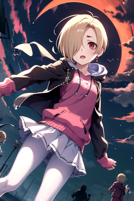 <lora:KoumeShirasaka:0.7>, shirasaka koume, 1girl, looking at viewer, short hair, open mouth, multiple girls, skirt, blonde hair, red eyes, jewelry, jacket, pantyhose, pleated skirt, earrings, sky, solo focus, cloud, hood, hair over one eye, sleeves past wrists, hoodie, night, 6+girls, moon, full moon, sleeves past fingers, bags under eyes, lightning, red moon, red sky