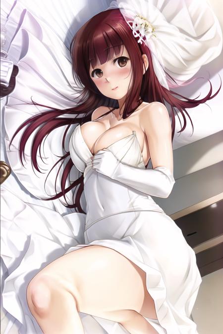 1girl, igarashi kyoko, solo, breasts, wedding dress,  white dress,  <lora:lyingside:0.8>