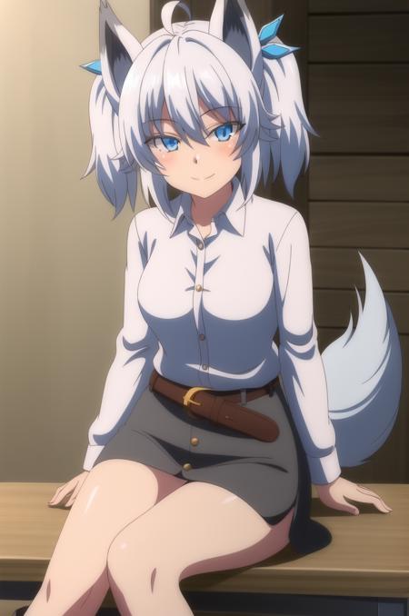 (Masterpiece), High Quality, 1girl, solo, nsfw
<lora:RedoSetsuna-v1-08:0.6>, ChopioSetsuna, wolf girl, white hair, wolf ears, (tail, wolf tail:1), (wolf feet:1), (looking at viewer:1.3), arm fur,
medium hair, two side up, hair ornament, ahoge,
(mature female, adult:1), medium breasts,
desk, sitting, pencil skirt, white shirt, shirt tucked in, buttons, seductive smile, belt