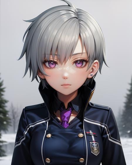 best quality, (masterpiece:1.2), illustration, absurdres,
(1girl, solo), (beautiful detailed girl),
<lora:Valerie-08:0.8>, Valerie, grey hair, purple eyes, purple ear studs,
 blue military uniform, long sleeves, purple neckwear, black thighhighs, garter straps, boots, 
in snowy village, falling snow, particles, crisp winter morning, breathing out steam, snowy pine trees and frozen river,,
sitting,
(upper body, portrait),,
gloomy, looking at viewer