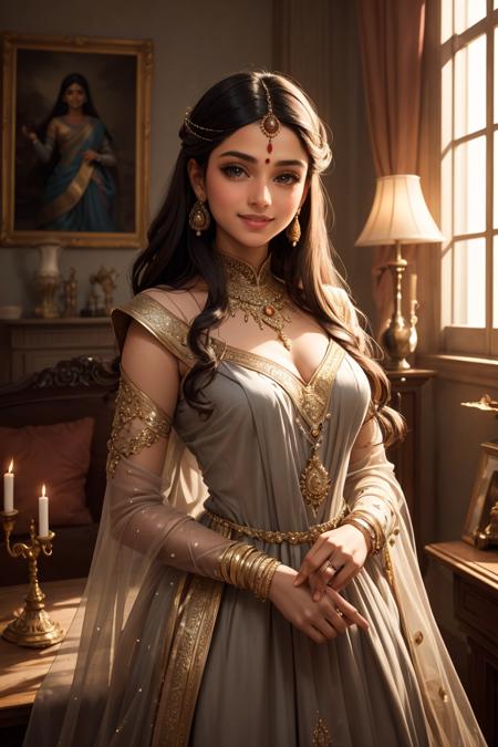 dramatic cinematic light, Renaissance, cluttered room, portrait of a beautiful Indian woman wearing a armored dress, grey dress, detailed skin imperfections, smile of a disney princess