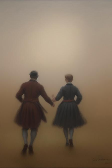 A dynamic painting in soft pastel colors depicting figures in motion through a thick fog, evocative of the Dutch Golden Age style.  The painting features soft brushwork, blurred lines, and action poses, creating a gentle and soothing atmosphere.
