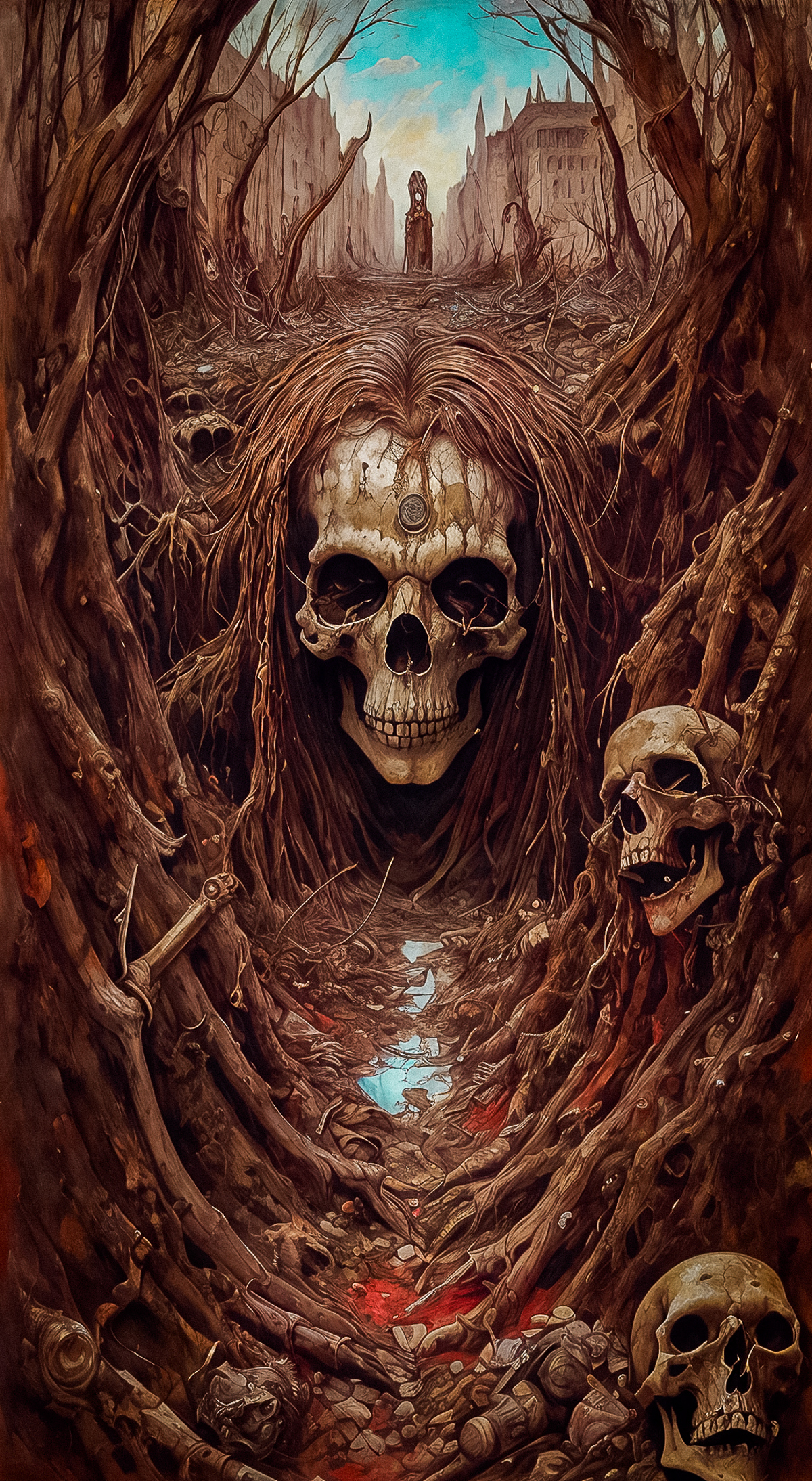 A painting of a skeleton with a skull on its head, holding a stick and surrounded by dirt, roots, and bones.