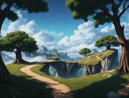 (Masterpiece, best quality:1.3), highly detailed, fantasy, hyperrealistic, <lora:FFIX-10:0.9>, best illustration, 8k, ffixbg, dynamic view, cinematic, ultra-detailed, full background, fantasy, illustration, blue sky, forest, tree, path, grass, scenery, ((no humans)), beautiful, (shiny), UHDR, various colors, (details:1.2), bloom:0.4, extremely detailed, shimmer:0.5, colorful, ethereal, dreamy, vanishing line:0.4,  amazing composition, (cloud)