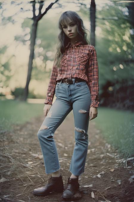 <lora:lilly_bell_xl_lora_35:1>  lilly bell woman, full body   analog film photo, beautiful woman posing, ripped jeans and checkered shirt, cute look, perfect eyes, faded film, desaturated, 35mm photo, grainy, vignette, vintage, Kodachrome, Lomography, stained, highly detailed, found footage, f1.2 50mm