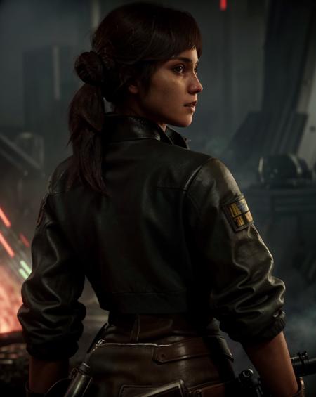 starwars outlaws ,  a woman riding a horse with a gun, 1girl, solo, brown hair, black hair, holding, jacket, weapon, from behind, holding weapon, gun, dual wielding, firing, paradis military uniform, three-dimensional maneuver gear , <lora:StarWars_Outlaws_Style-SD15:0.75>