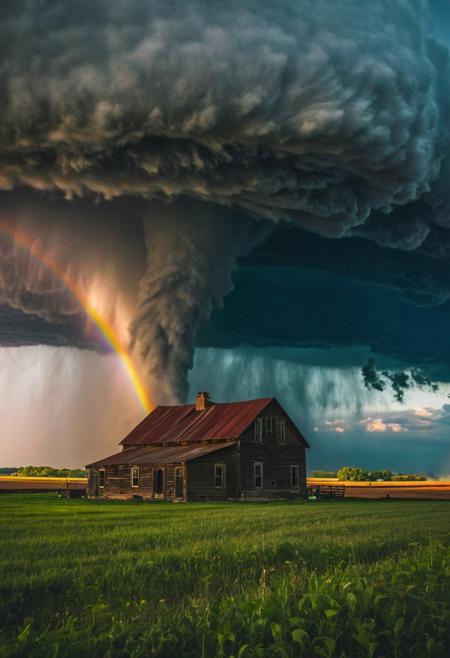 portrait, masterpiece, 4k, ray tracing, intricate details, highly-detailed, hyper-realistic, 8k RAW Editorial Photo.
A giant tornado looming over an old farmhouse, with a vibrant rainbow twisted around the tornado, in the style of National Geographic photography. Very detailed, vibrant colors, the tornado has sucked the rainbow up.
cinematic light, dramatic light, shallow depth of field,  high budget, bokeh, cinemascope, film grain,