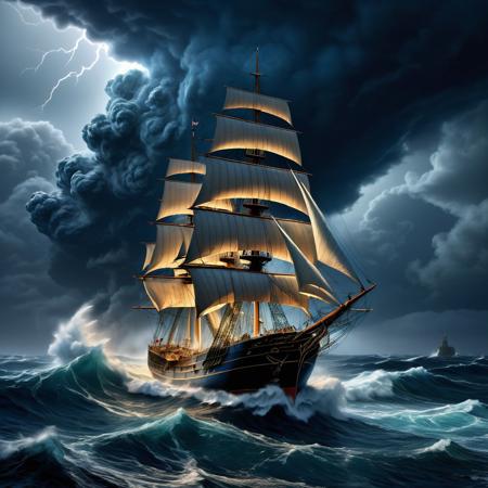 Ultra realistic full body color pencil drawn portrait of a .sail ship in rough seas during a severe storm, with thunder and lightning and very tall waves
BREAK
Deep dark intense midnight blue hazy background,
Dark theme, dynamic lighting, (soft shadows), (soft focus),  (photo realistic), uhd, 8k