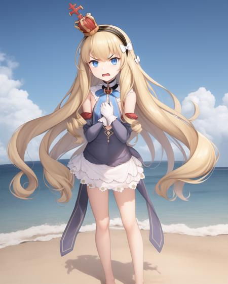 eqlc, full body, 1girl, long hair, solo, strapless dress, blonde hair, crown, blue eyes, gloves, hairband, looking at viewer, white gloves, small breasts, flat chest, bow, black hairband, detached sleeves, bangs, mini crown, detached collar, angry, sand, beach, summer, sky, day, full body, standing