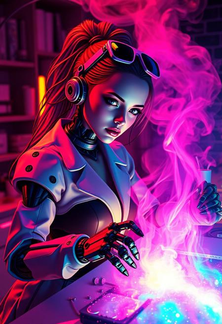 A digital artwork in the style of cknc,, neon colors, A beautiful female android in a science lab, wires and circuits, robotic hands, and sunglasses on her head, works on a rainbow galaxy on a table, cyberpunk, hyper-maximalism, rainbow iridescent smoke, looking at viewer, evil smirk,