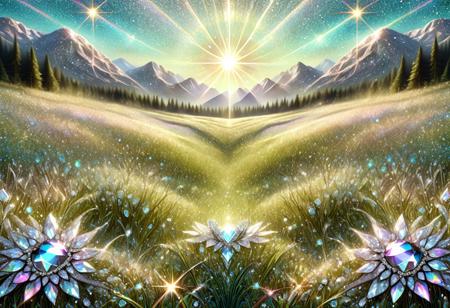 aesthetic, masterpiece, absurdres, realistic, (raw photo:1.3), intricate detail, high detail, symmetrical, scenery, meadow, sunlight, glitter, iridescent, diamondMW, no human,