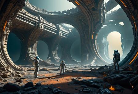 An expansive, cinematic-style image showing astronauts exploring the ruins of an alien civilization. The ruins are composed of weird, technologically futuristic shapes, featuring an array of curves and sharp angles that suggest an advanced culture. The setting is vast and open, offering a wide viewing angle that captures the eerie beauty of the alien architecture contrasted with the human element of the astronauts in their space suits. The color scheme is dominated by cool blues and silvers, highlighted by stark, contrasting warm golds and oranges from the alien technology's lighting, creating a dramatic and otherworldly atmosphere. The image should have a textured look that enhances this vibrant interplay of colors and shadows.