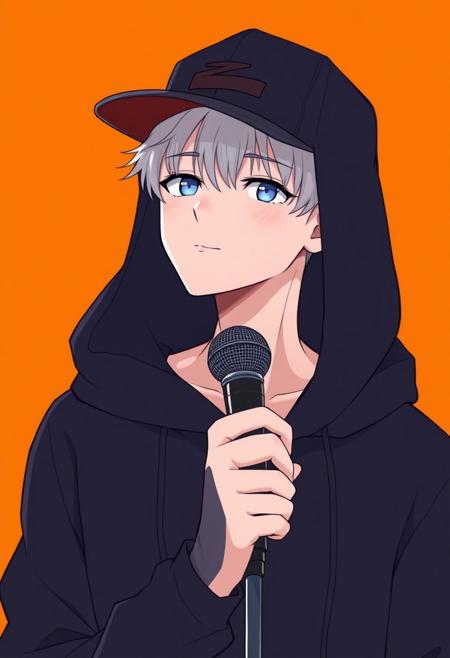 anime male 25 years old, minimalistic art style, wearing snapback and black hood, full body height, holding mic, orange background