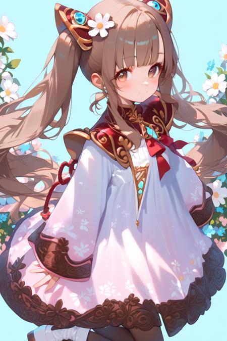 lymle, brown hair, brown eyes, twintails, very long hair, dress, long sleeves, pantyhose, multicolored footwear, white footwear,