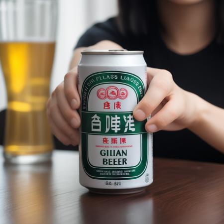 A photorealistic image of a young woman enthusiastically drinking beer from a small, silver-colored metal can. She should be holding the can with one hand, taking a big gulp, and her eyes should be closed to emphasize her enjoyment. The setting could be a casual outdoor gathering or a bar, with appropriate lighting to set a relaxed and cheerful mood. The can's label should be visible but not the main focus, and it should be clear that it contains beer. The can should be small enough to be held comfortably in one hand,<lora:twbeer3:0.75>,goldbeer,