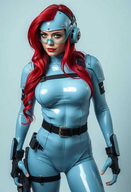 Latex combat suit, light blue latex, bright red hair, heroin,  three sizes to small, latex body suit, angle from below, cosplay, underdeveloped chest, playing, posing, shiney tight latex, flat stomach, tiny waist, bubble but, wide hips,